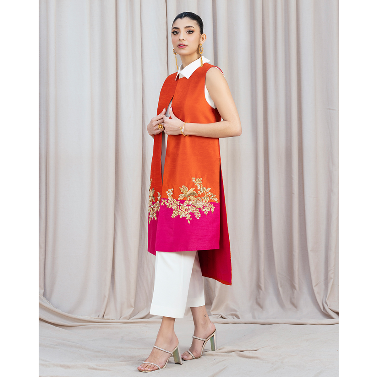Pakistani Tangerine & Hot Pink Zardozi Raw Silk Jacket (4-Piece) - Image 2
