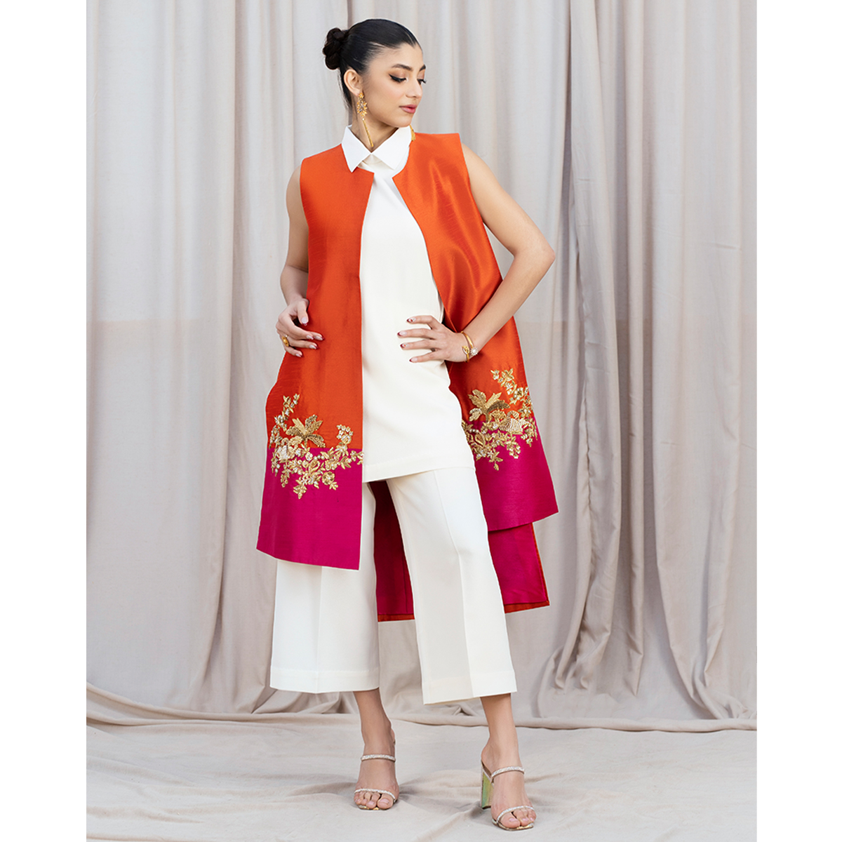 Pakistani Tangerine & Hot Pink Zardozi Raw Silk Jacket (4-Piece) - Image 3