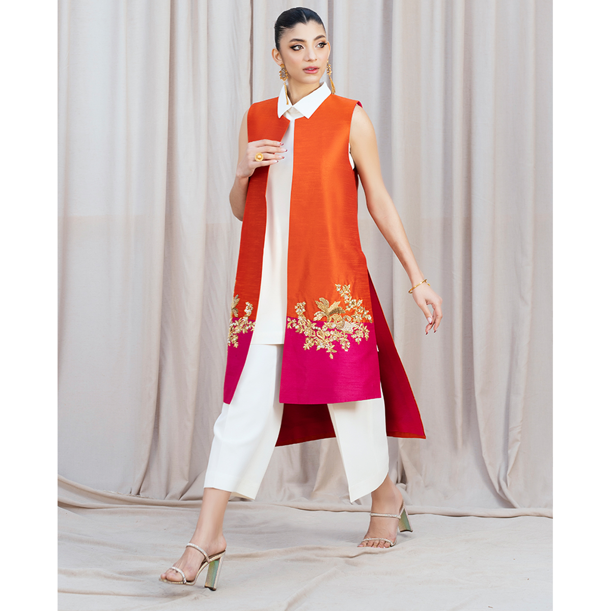 Pakistani Tangerine & Hot Pink Zardozi Raw Silk Jacket (4-Piece) - Image 4