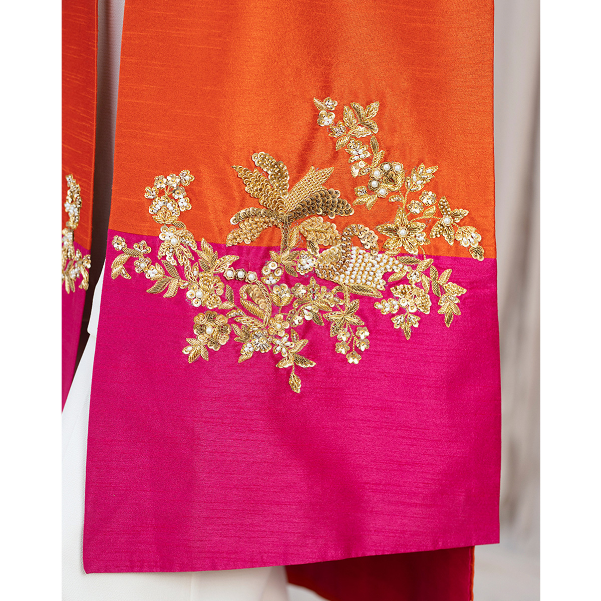 Pakistani Tangerine & Hot Pink Zardozi Raw Silk Jacket (4-Piece) - Image 5