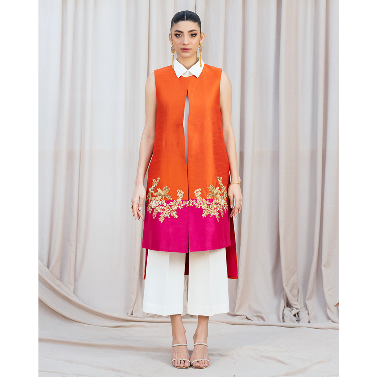 Pakistani Tangerine & Hot Pink Zardozi Raw Silk Jacket (4-Piece) - Image 6