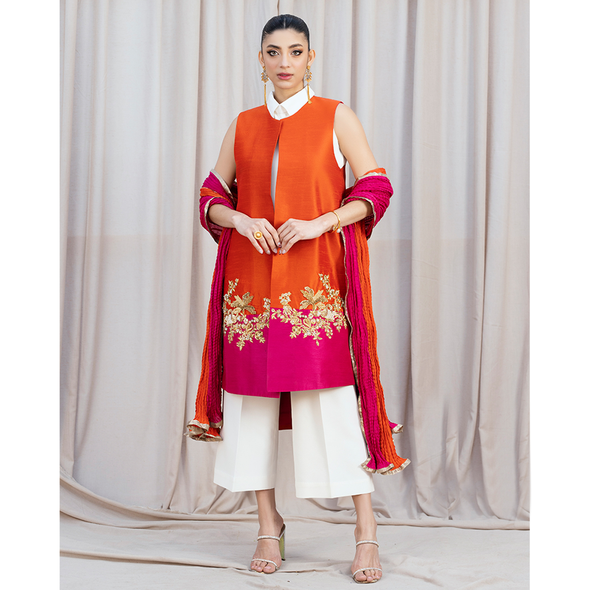 Pakistani Tangerine & Hot Pink Zardozi Raw Silk Jacket (4-Piece) - Image 8