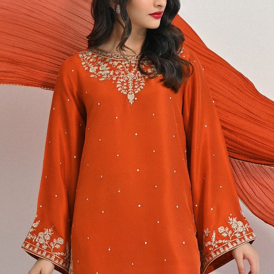 Pakistani Burnt Orange Zari Embroidered Pure Raw Silk Kameez (3-Piece) - Image 2
