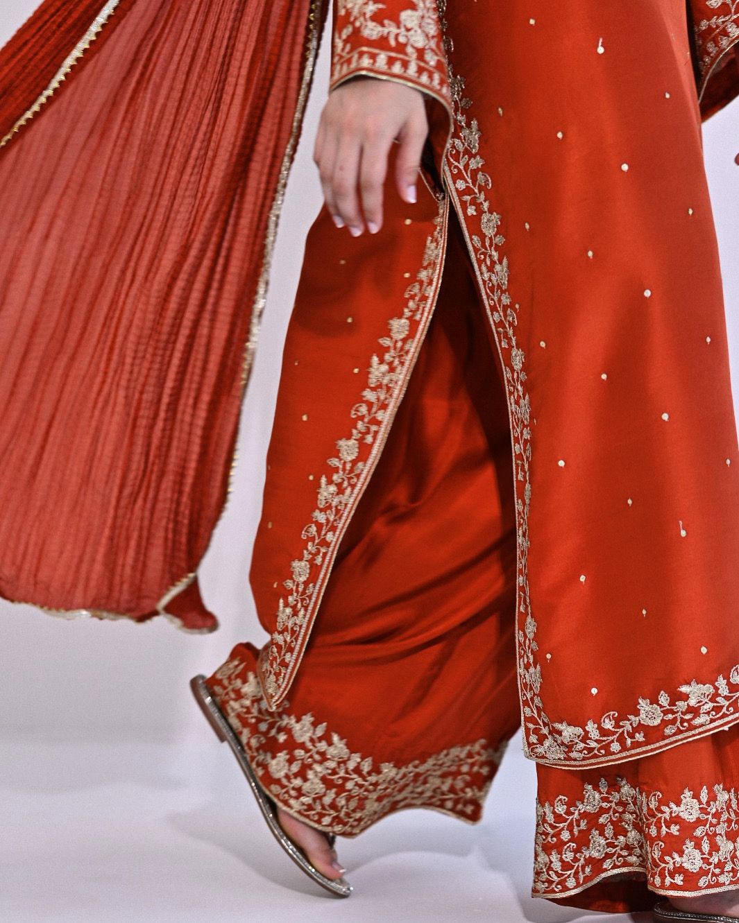 Pakistani Burnt Orange Zari Embroidered Pure Raw Silk Kameez (3-Piece) - Image 3