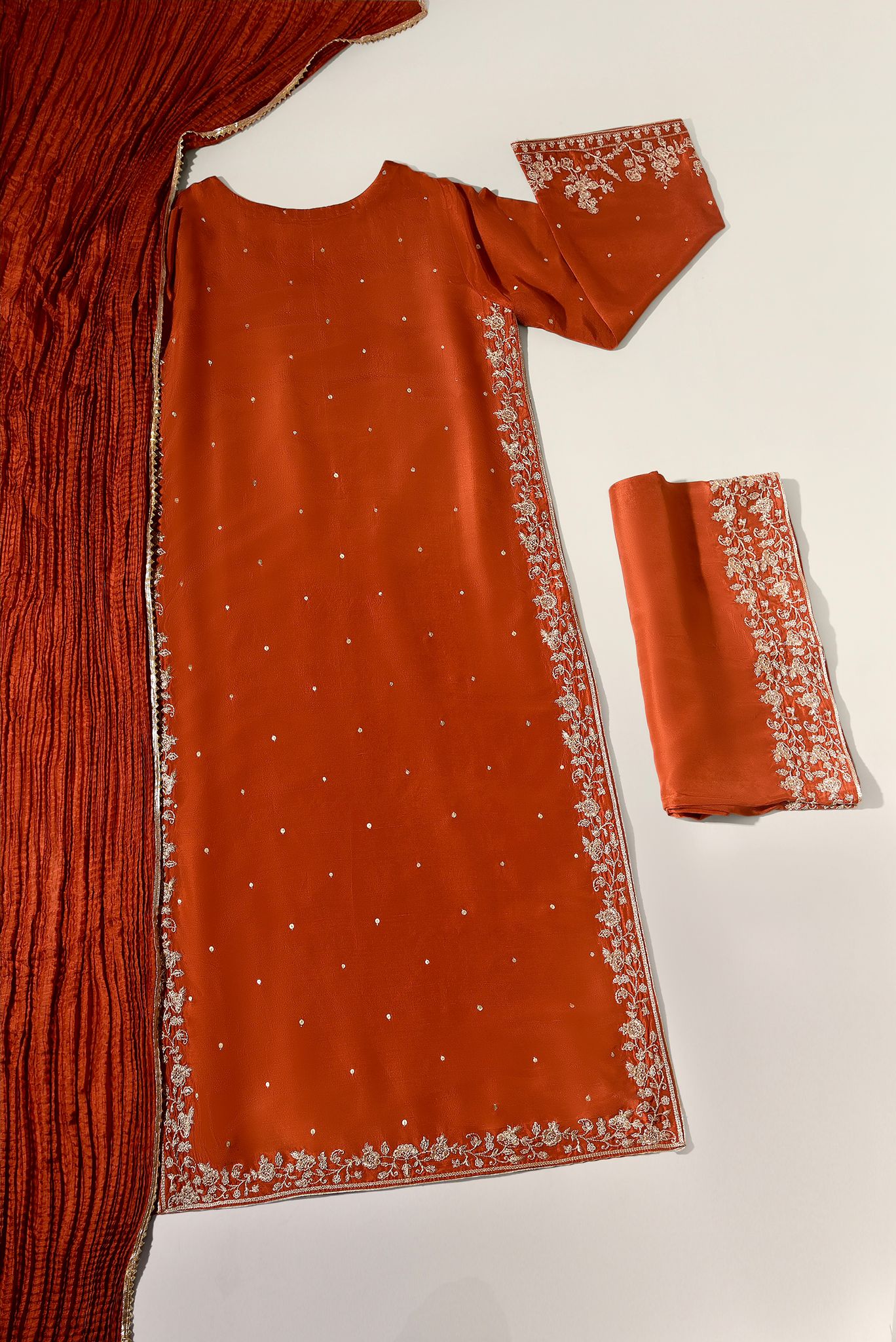 Pakistani Burnt Orange Zari Embroidered Pure Raw Silk Kameez (3-Piece) - Image 4