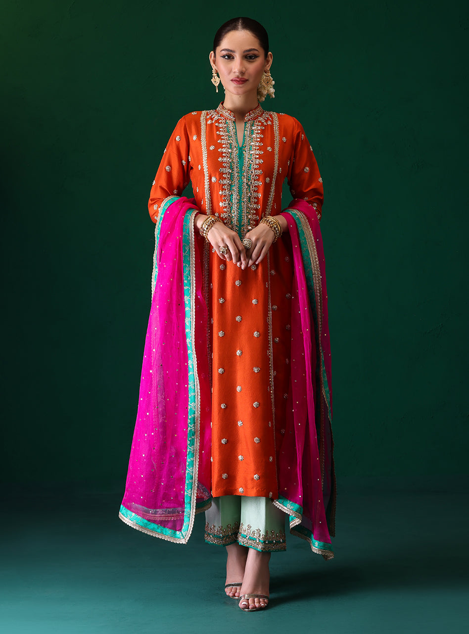 Pakistani Burnt Orange Embroidered Rawsilk & Organza Kameez (3-Piece) - Image 1