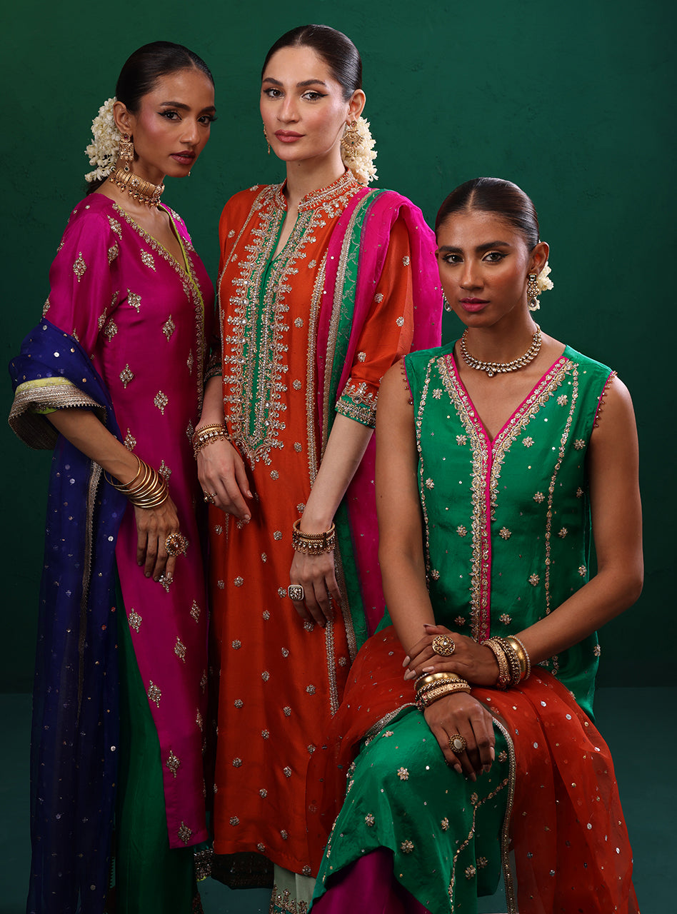 Pakistani Burnt Orange Embroidered Rawsilk & Organza Kameez (3-Piece) - Image 12