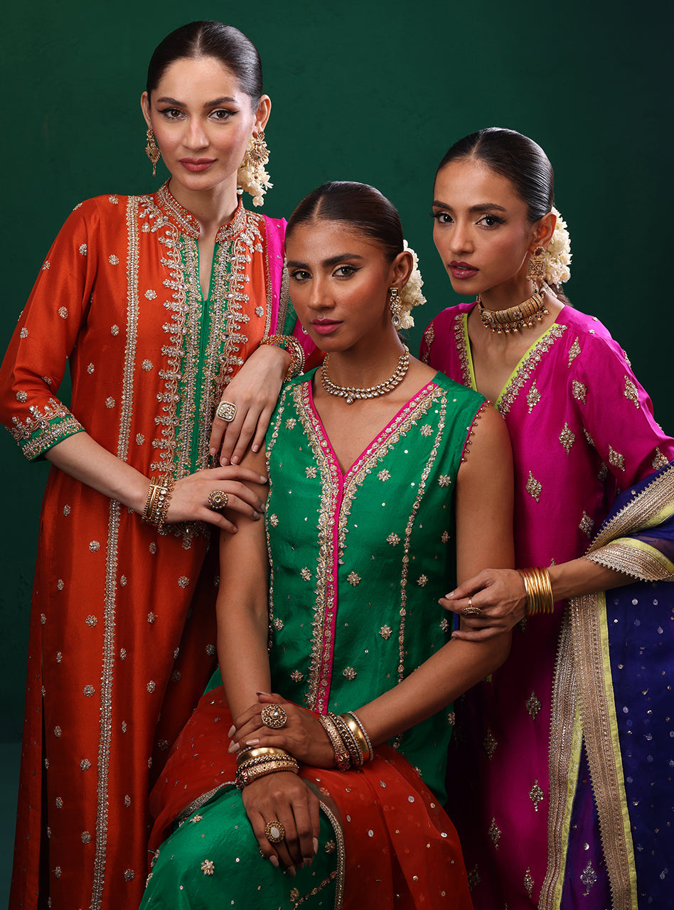 Pakistani Burnt Orange Embroidered Rawsilk & Organza Kameez (3-Piece) - Image 13