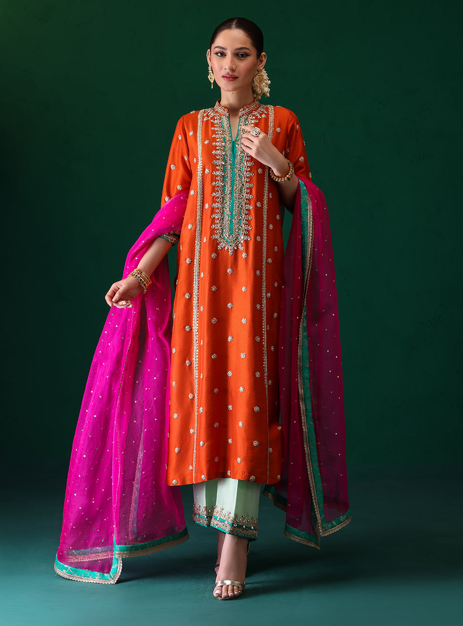 Pakistani Burnt Orange Embroidered Rawsilk & Organza Kameez (3-Piece) - Image 3