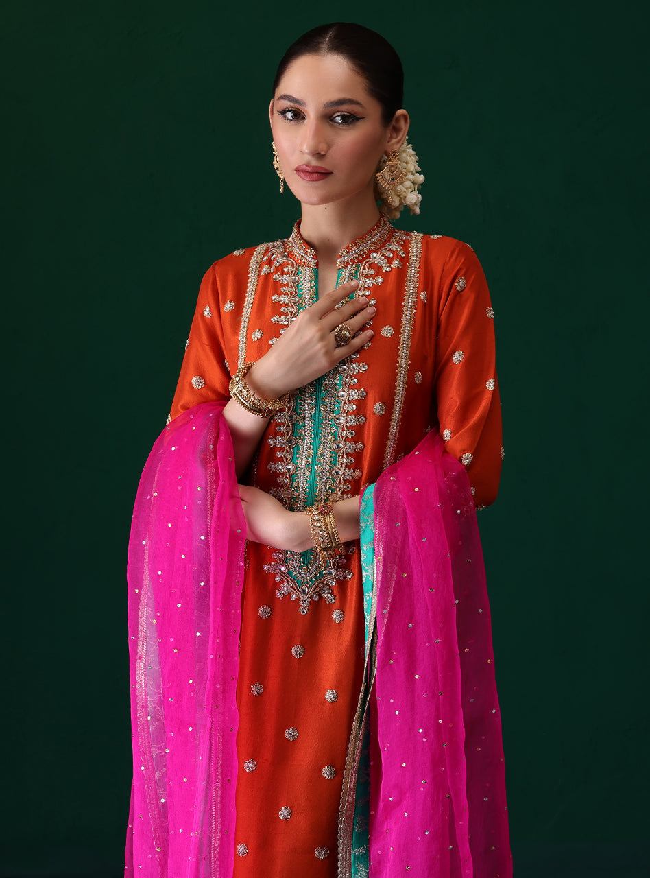 Pakistani Burnt Orange Embroidered Rawsilk & Organza Kameez (3-Piece) - Image 4