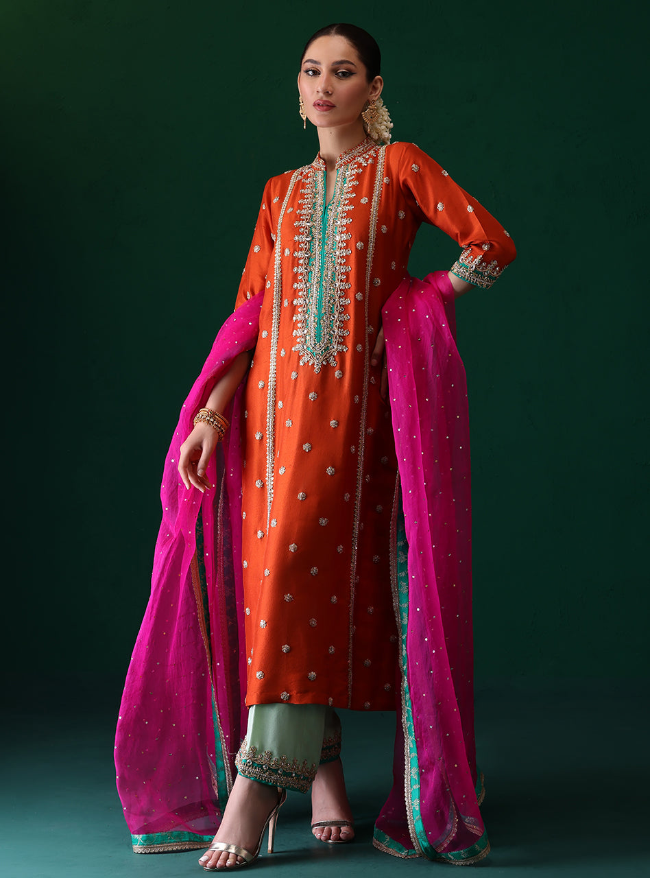 Pakistani Burnt Orange Embroidered Rawsilk & Organza Kameez (3-Piece) - Image 6
