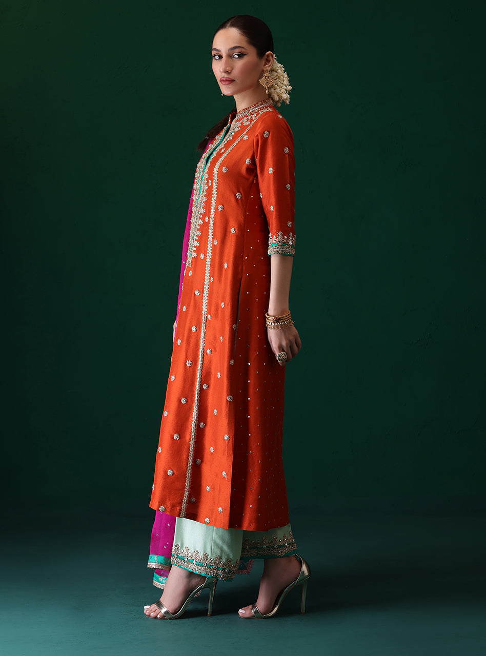 Pakistani Burnt Orange Embroidered Rawsilk & Organza Kameez (3-Piece) - Image 7