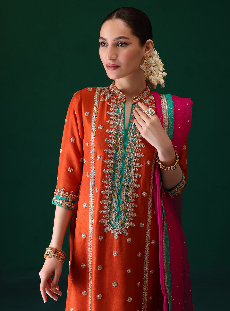 Pakistani Burnt Orange Embroidered Rawsilk & Organza Kameez (3-Piece) - Image 8