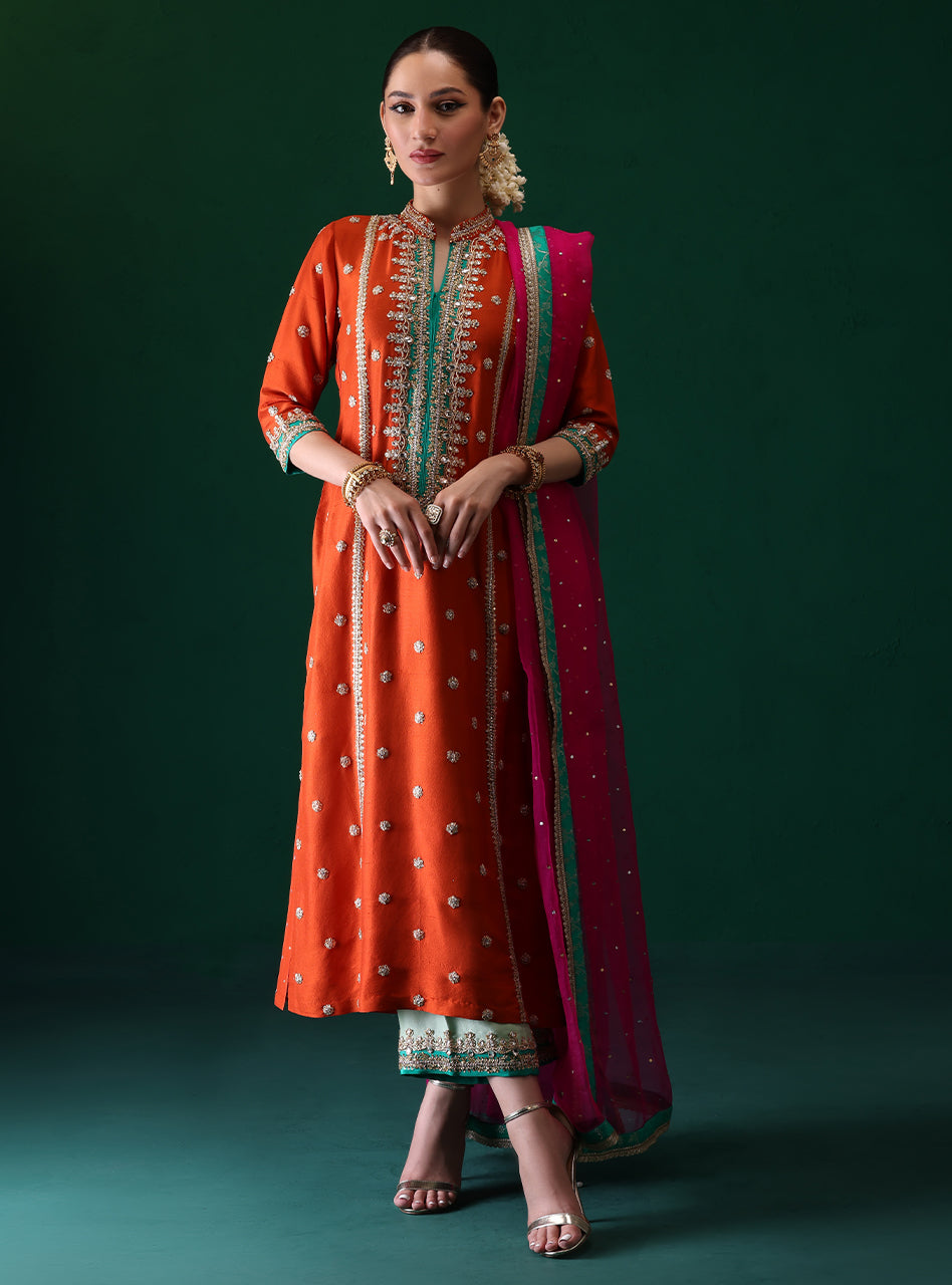 Pakistani Burnt Orange Embroidered Rawsilk & Organza Kameez (3-Piece) - Image 9