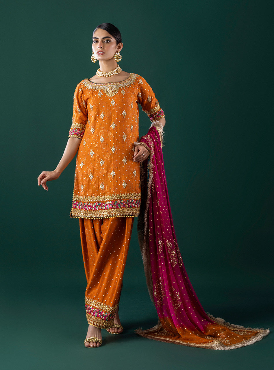 Orange Embroidered Self-Jacquard Salwar Kameez (3-Piece) - Image 1