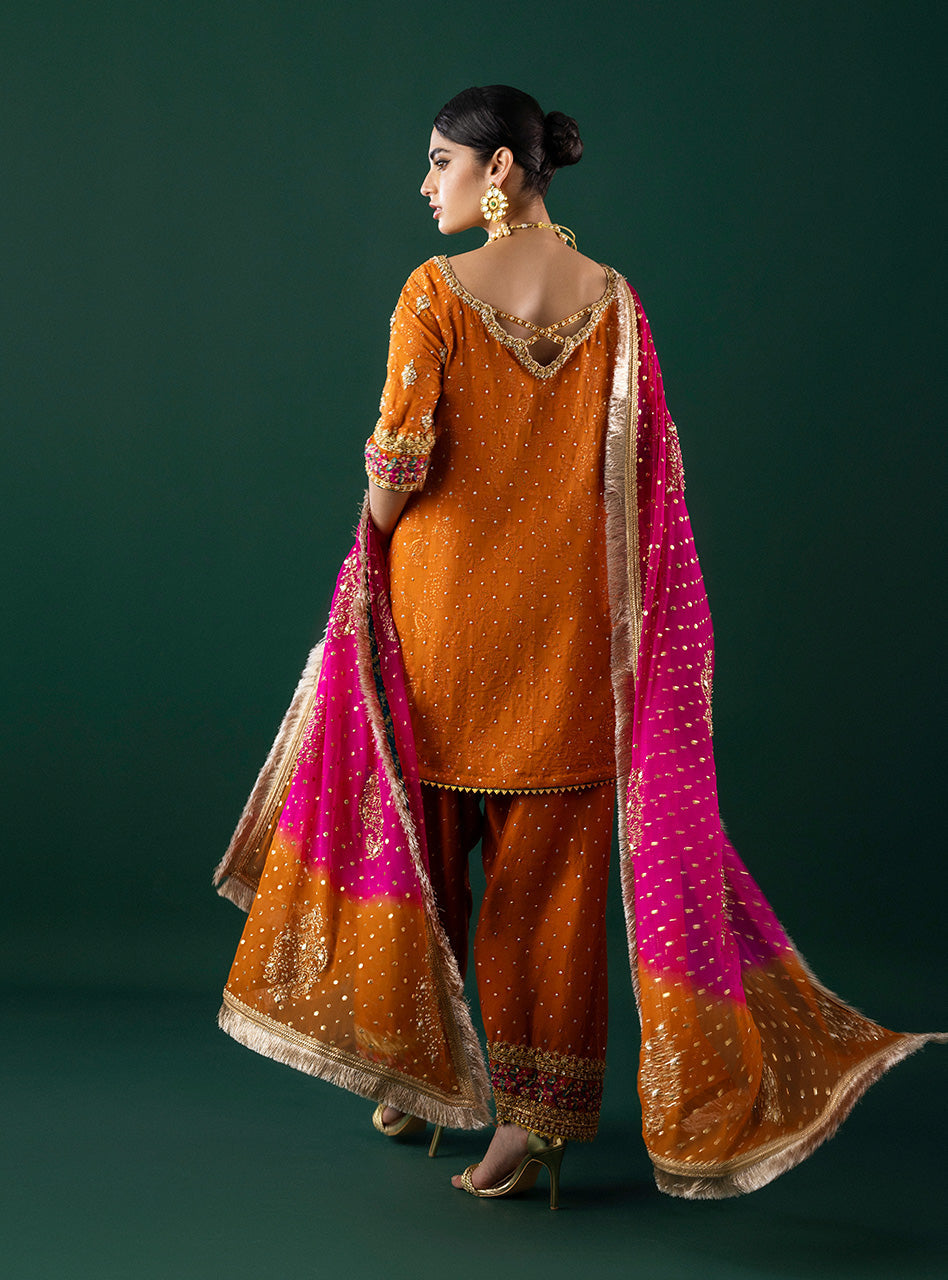 Orange Embroidered Self-Jacquard Salwar Kameez (3-Piece) - Image 2