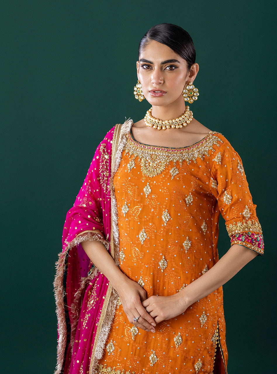Orange Embroidered Self-Jacquard Salwar Kameez (3-Piece) - Image 3