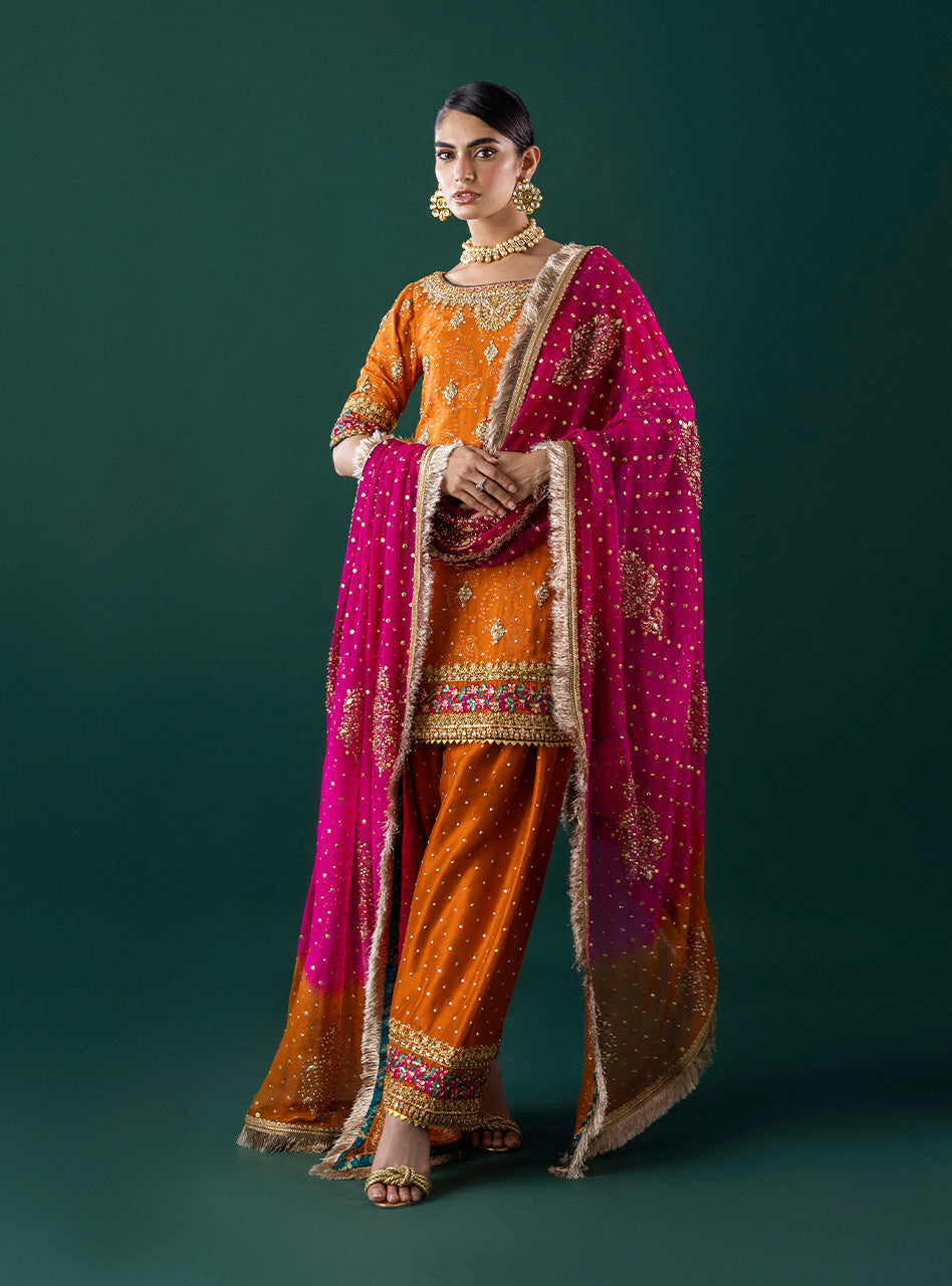 Orange Embroidered Self-Jacquard Salwar Kameez (3-Piece) - Image 4