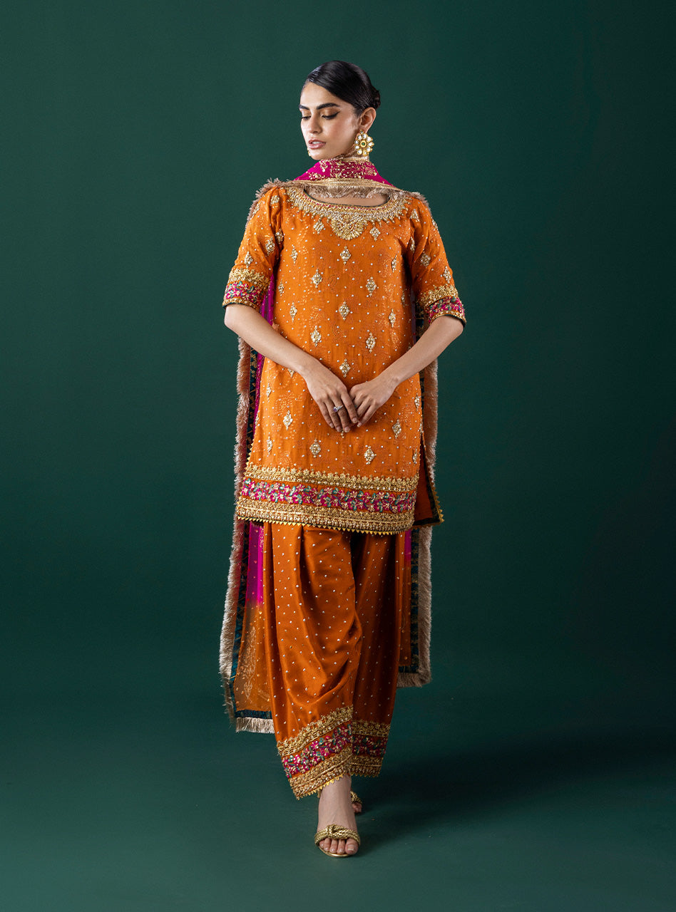 Orange Embroidered Self-Jacquard Salwar Kameez (3-Piece) - Image 5