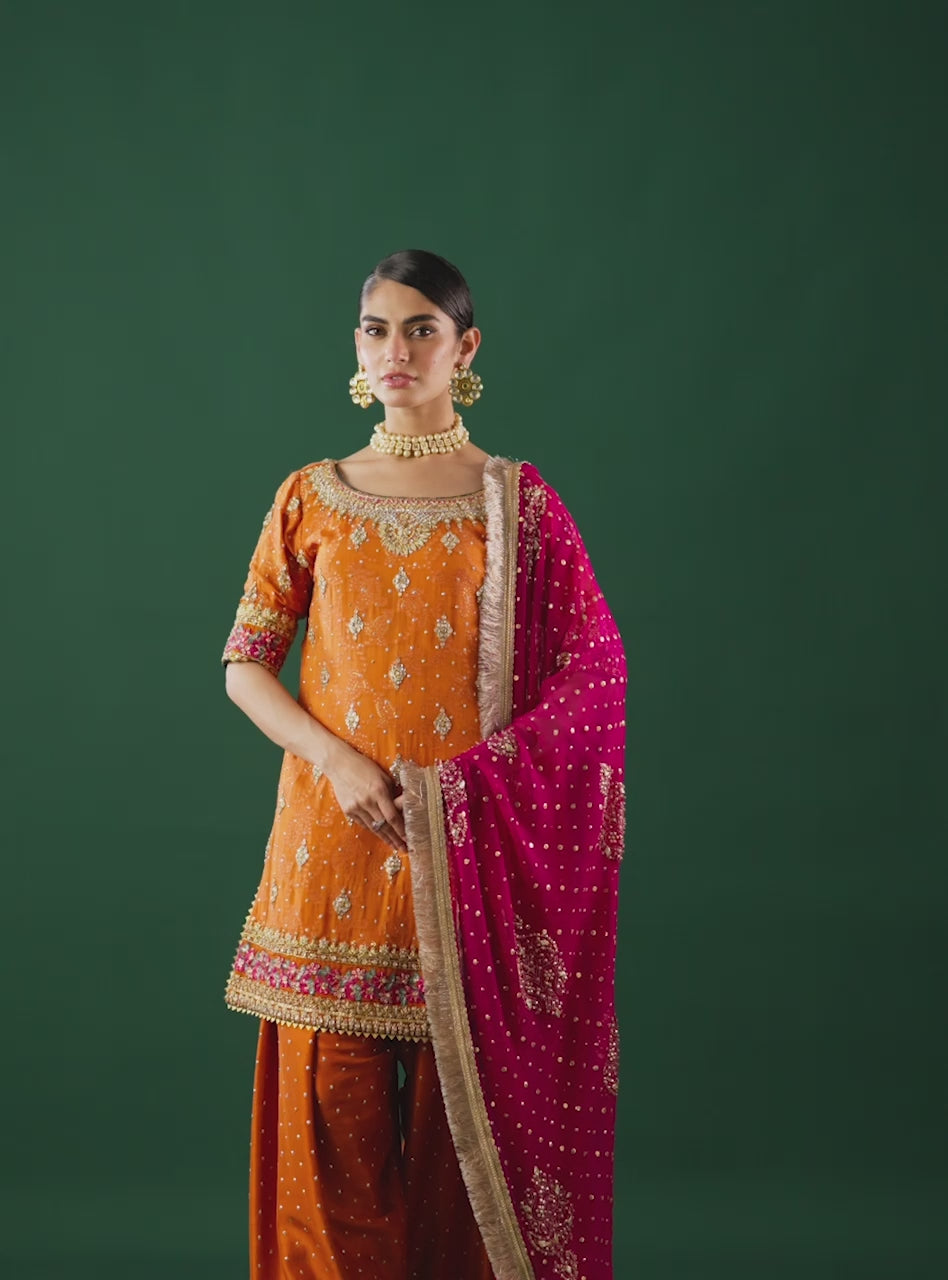 Orange Embroidered Self-Jacquard Salwar Kameez (3-Piece) - Image 6