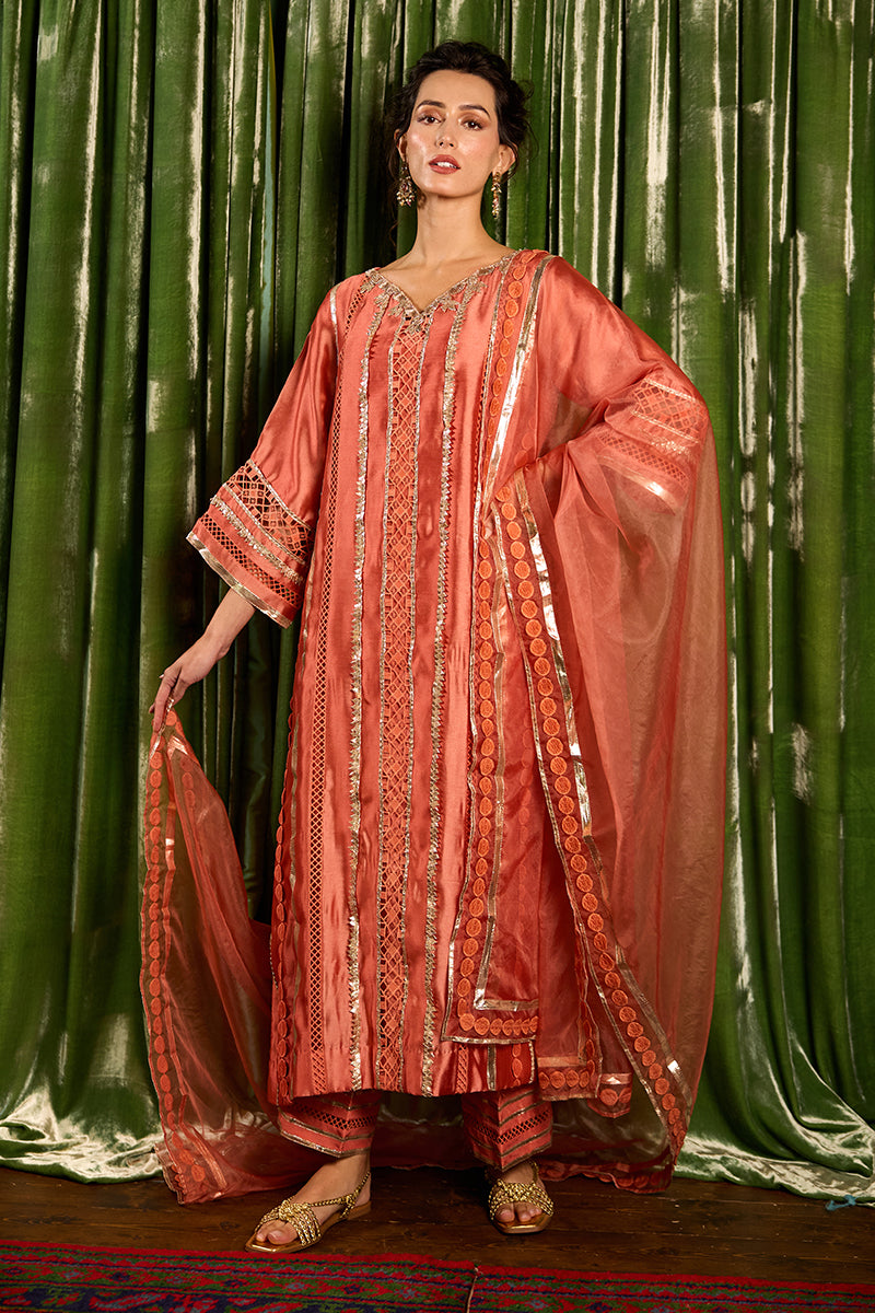 Pakistani Rust Orange Gota Work Sheesha Silk Salwar Kameez (3-Piece) - Image 1