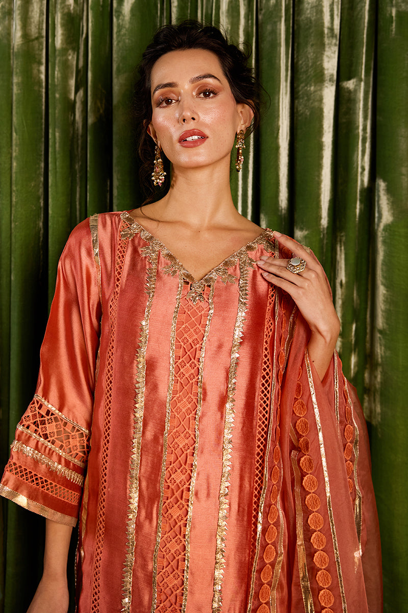 Pakistani Rust Orange Gota Work Sheesha Silk Salwar Kameez (3-Piece) - Image 2