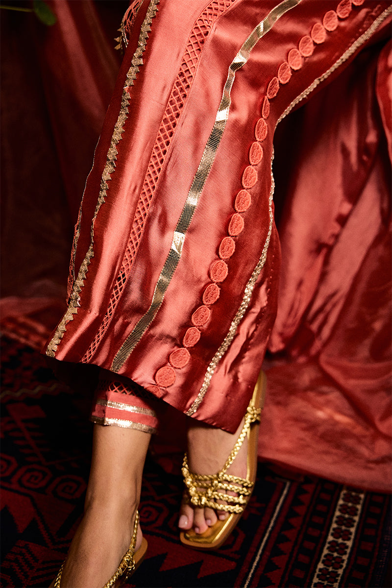 Pakistani Rust Orange Gota Work Sheesha Silk Salwar Kameez (3-Piece) - Image 4