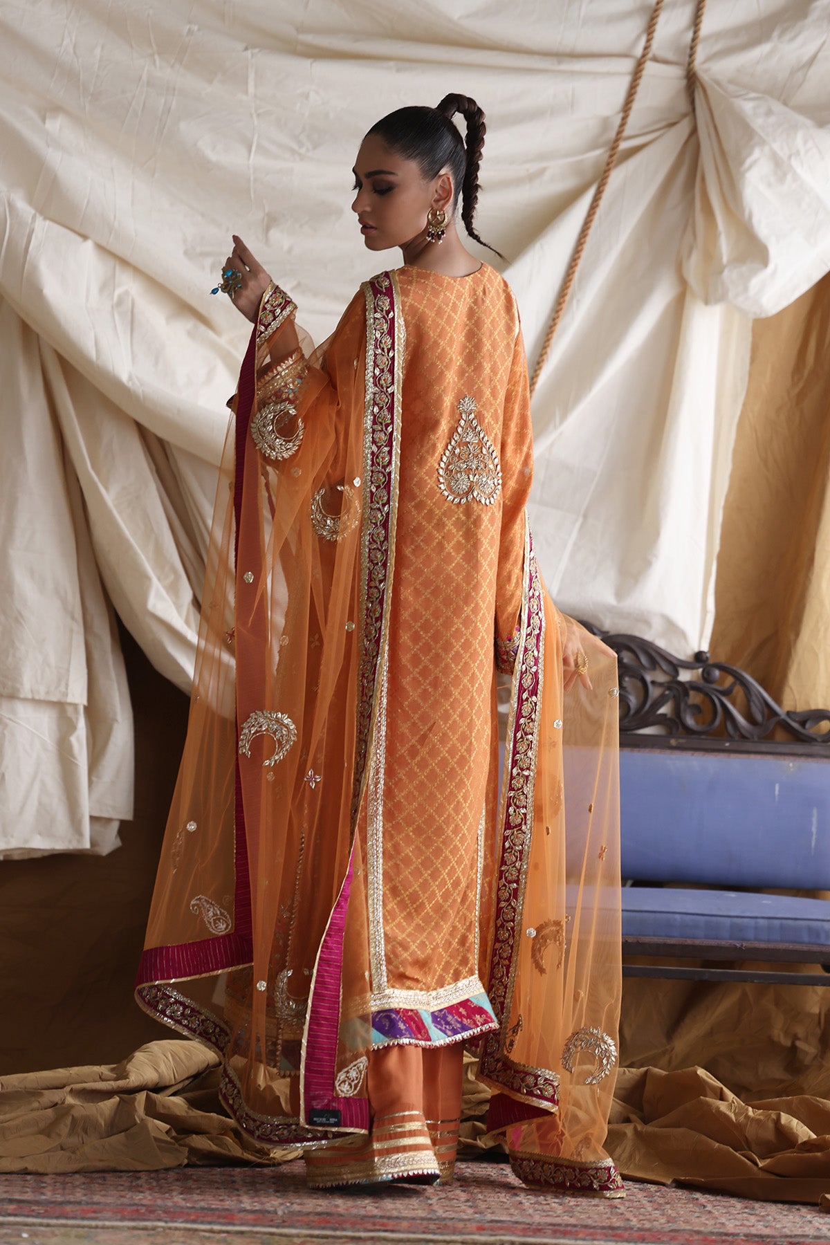 Pakistani Orange Gota Work Silk-Blend Salwar Kameez (3-Piece) - Image 1