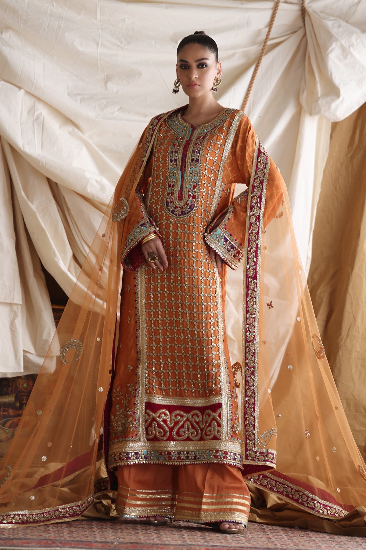 Pakistani Orange Gota Work Silk-Blend Salwar Kameez (3-Piece) - Image 2