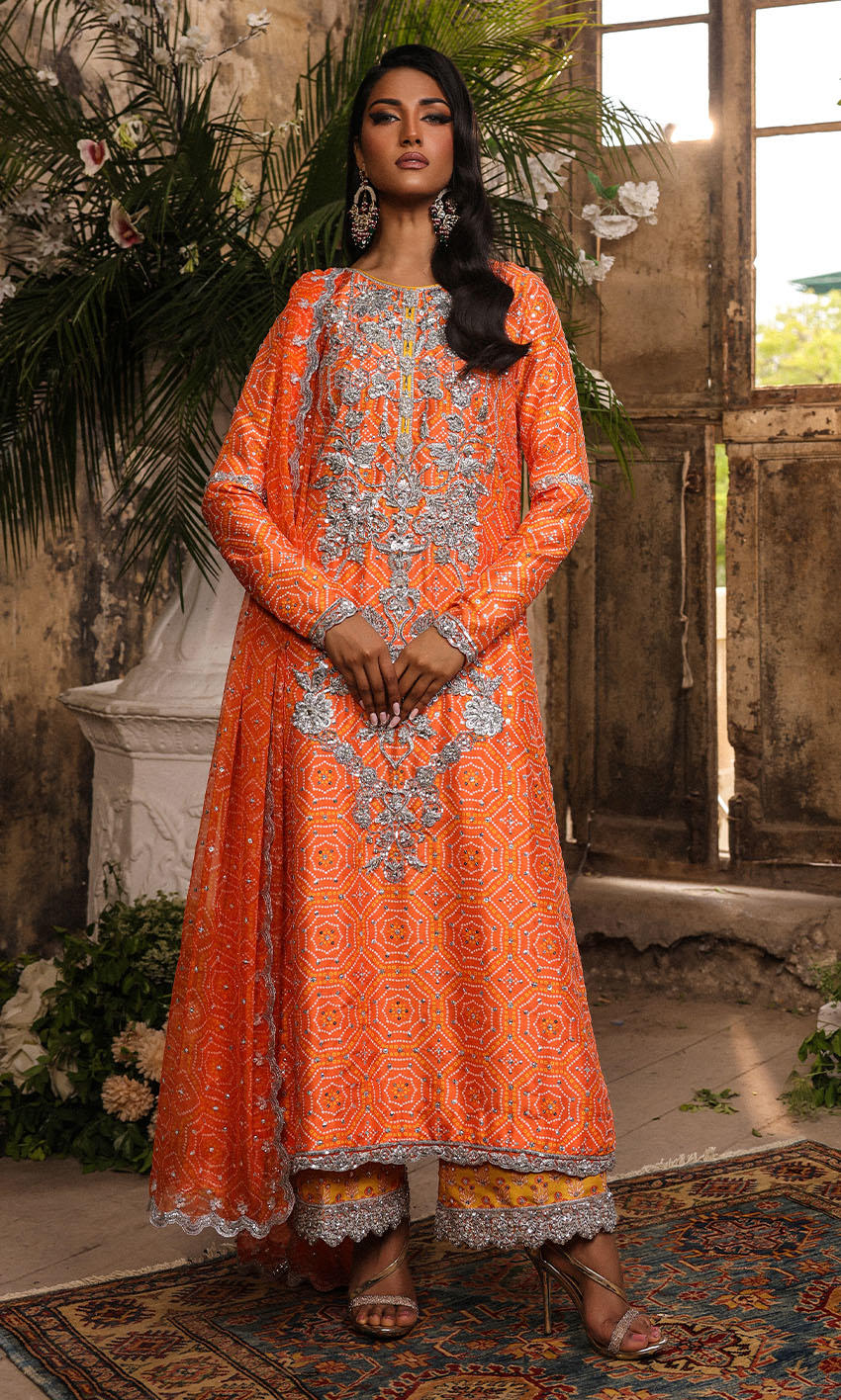 Bright Orange Chunri Silk-Blend Salwar Kameez (3-Piece) - Image 1