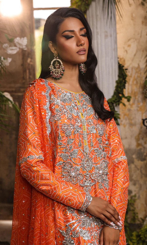 Bright Orange Chunri Silk-Blend Salwar Kameez (3-Piece) - Image 3