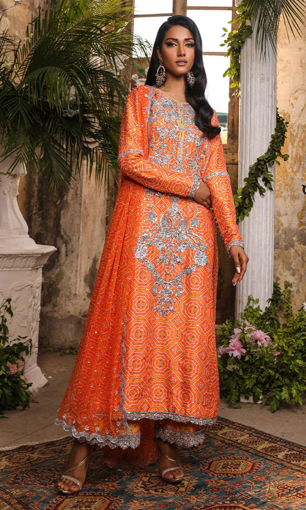 Bright Orange Chunri Silk-Blend Salwar Kameez (3-Piece) - Image 4