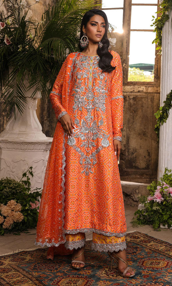 Bright Orange Chunri Silk-Blend Salwar Kameez (3-Piece) - Image 9