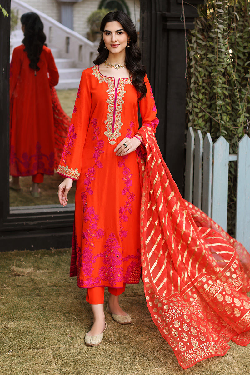 Pakistani Orange Embroidered Silk Salwar Kameez (3-Piece) - Image 1