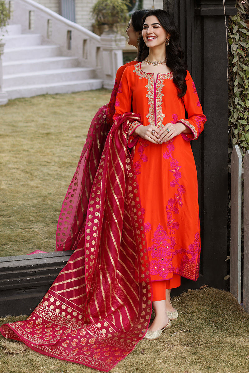 Pakistani Orange Embroidered Silk Salwar Kameez (3-Piece) - Image 2