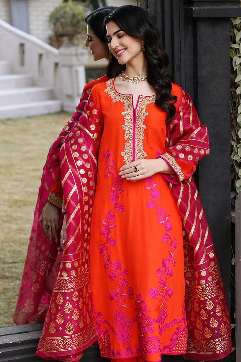 Pakistani Orange Embroidered Silk Salwar Kameez (3-Piece) - Image 3