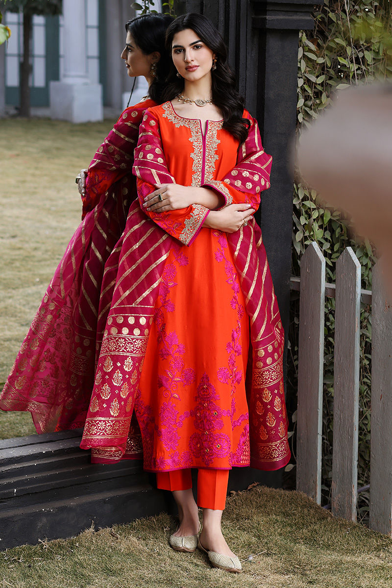 Pakistani Orange Embroidered Silk Salwar Kameez (3-Piece) - Image 4
