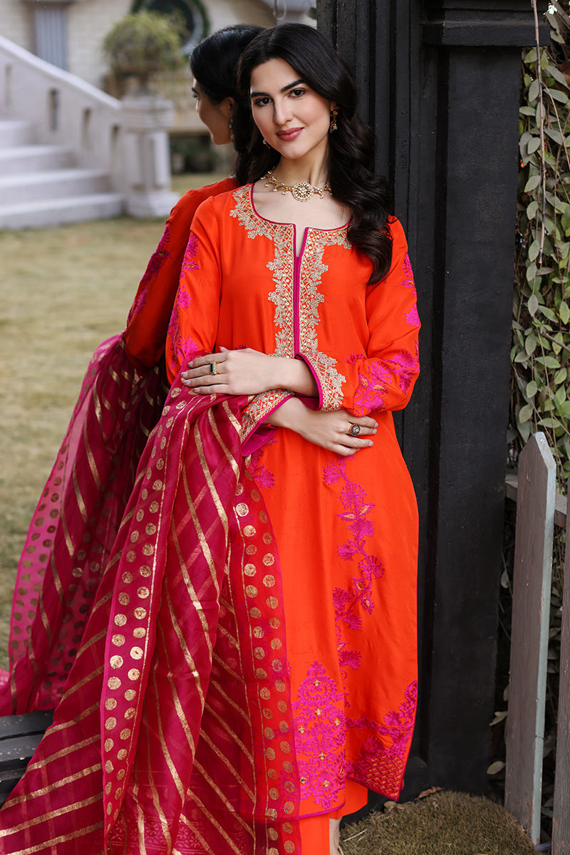 Pakistani Orange Embroidered Silk Salwar Kameez (3-Piece) - Image 5