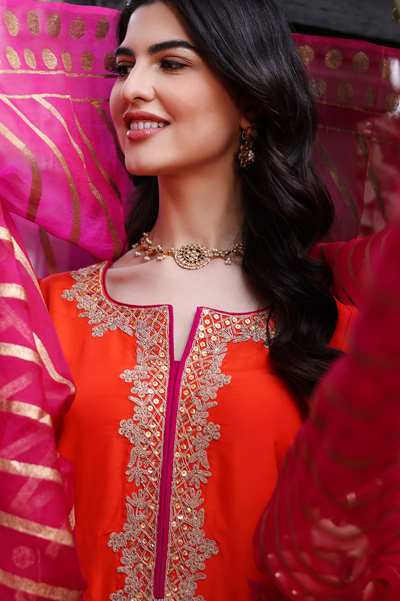 Pakistani Orange Embroidered Silk Salwar Kameez (3-Piece) - Image 6