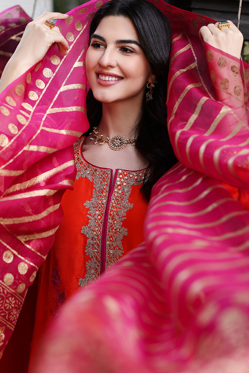 Pakistani Orange Embroidered Silk Salwar Kameez (3-Piece) - Image 7