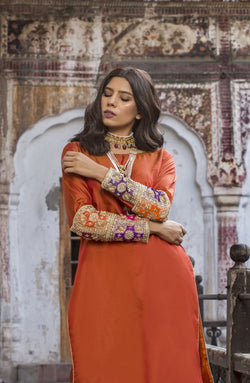 Pakistani Burnt Orange Embellished Silk Salwar Kameez (3-Piece) - Image 1