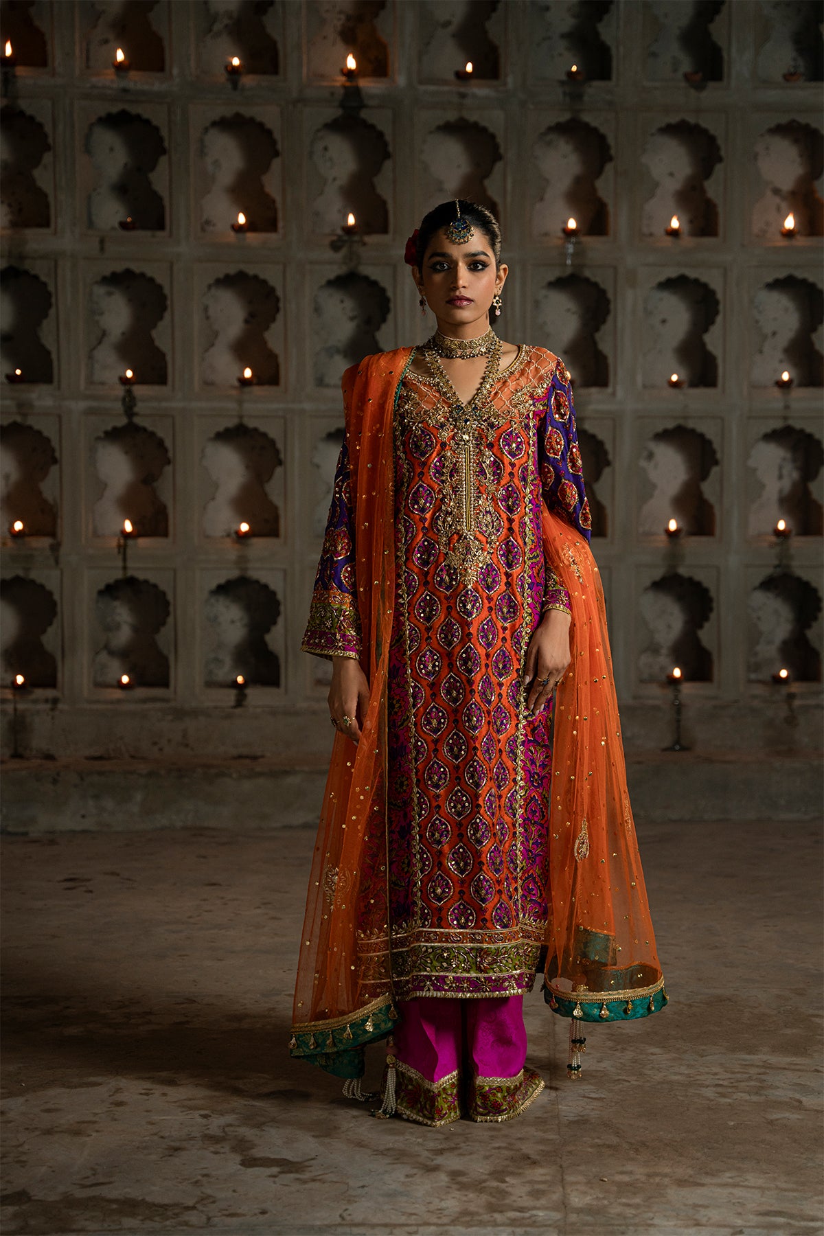 Orange Purple Hand-Embellished Silk Salwar Kameez (3-Piece) - Image 1