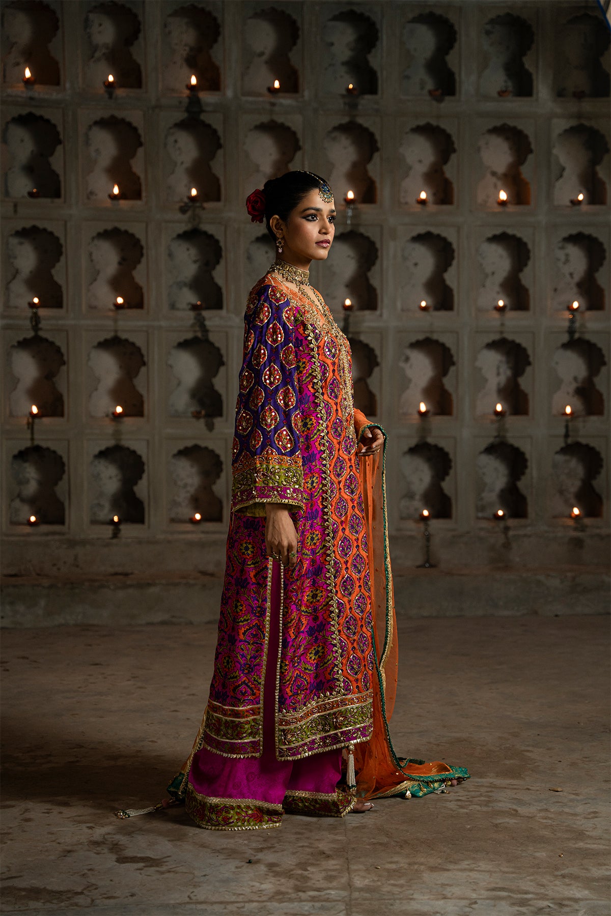 Orange Purple Hand-Embellished Silk Salwar Kameez (3-Piece) - Image 2