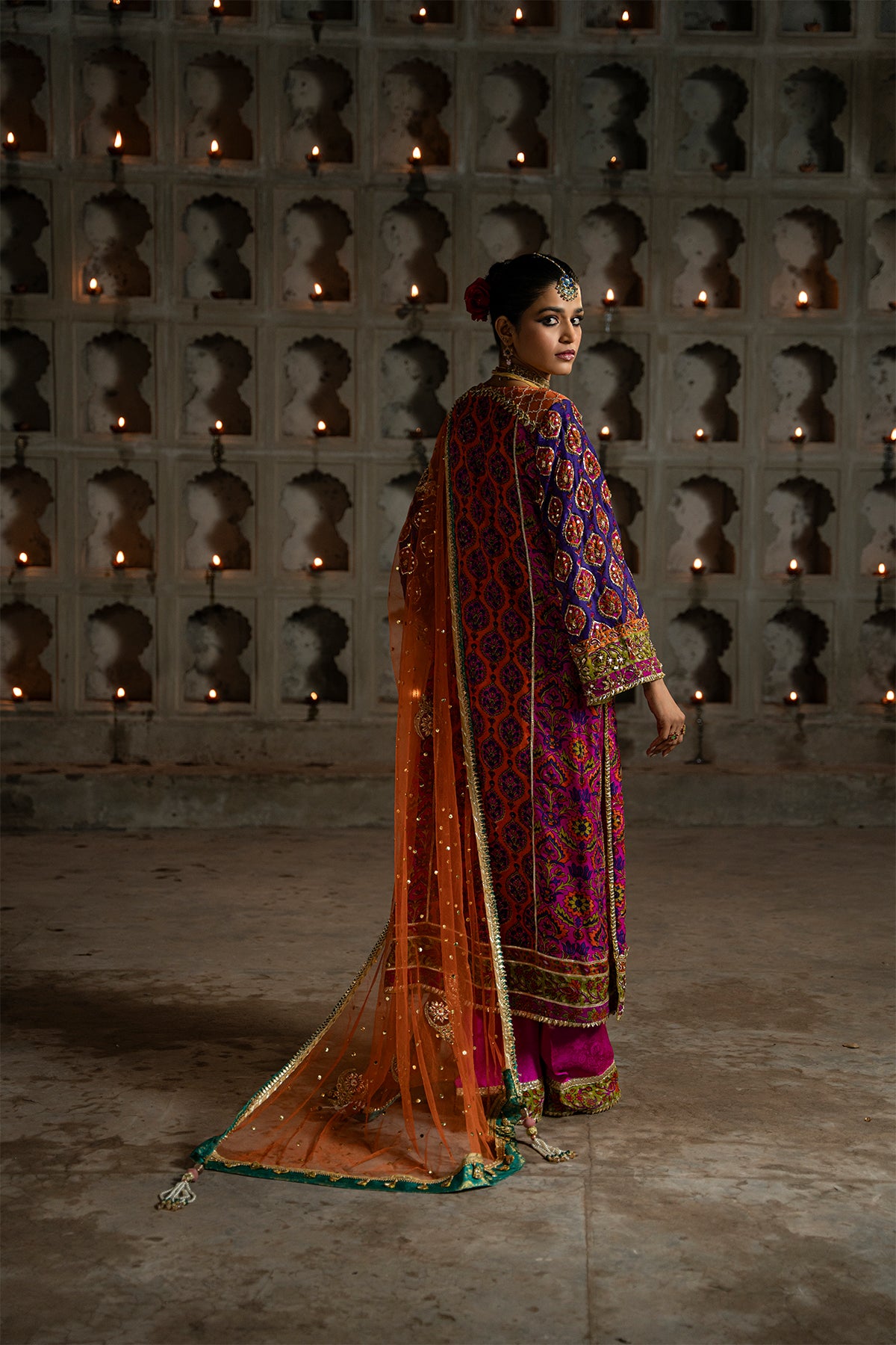 Orange Purple Hand-Embellished Silk Salwar Kameez (3-Piece) - Image 3