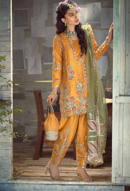 Pakistani Orange Gota & Resham Embroidered Silk Shalwar Kameez (3-Piece) - Image 1