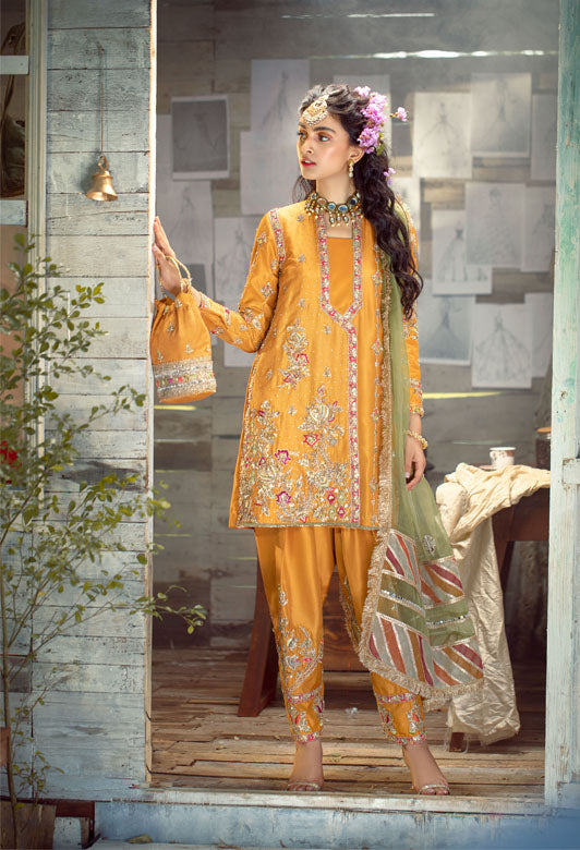 Pakistani Orange Gota & Resham Embroidered Silk Shalwar Kameez (3-Piece) - Image 3