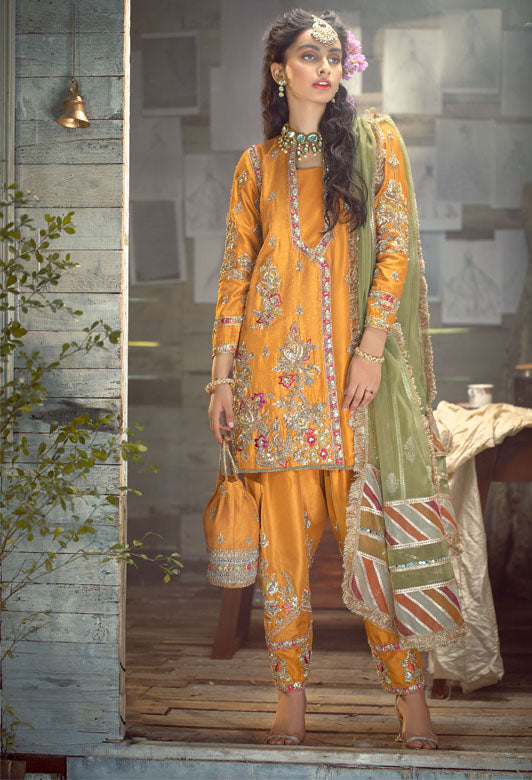 Pakistani Orange Gota & Resham Embroidered Silk Shalwar Kameez (3-Piece) - Image 4