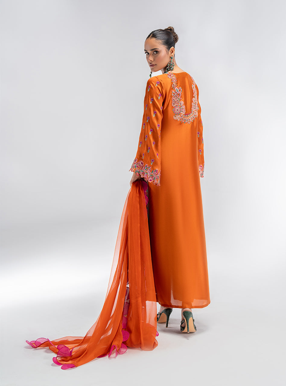 Orange Embroidered Silk Kurta Set (3-Piece) - Image 3