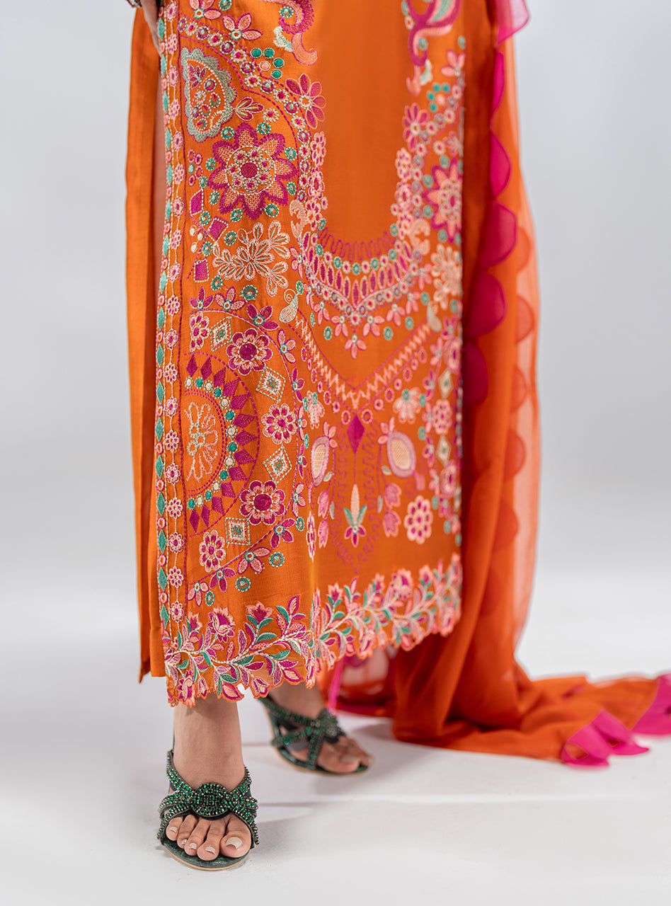 Orange Embroidered Silk Kurta Set (3-Piece) - Image 4