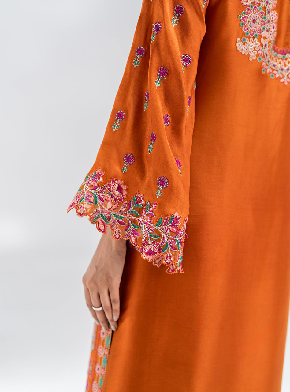 Orange Embroidered Silk Kurta Set (3-Piece) - Image 5